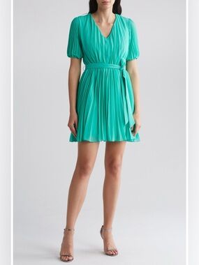 Sam Edelman Aqua Plissé Elbow Sleeve Mini Dress Size 8